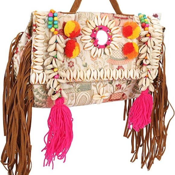 Convertible Floral Embroidered Crossbody Clutch with Leather Fringe - 12" x 6" - Picture 7 of 9